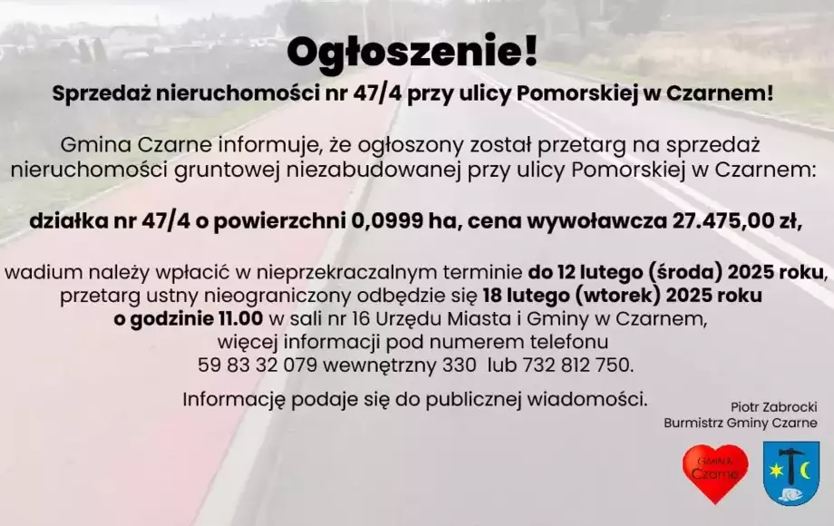 Sprzedaż nieruchomości nr 47/4 przy ulicy Pomorskiej w Czarnem