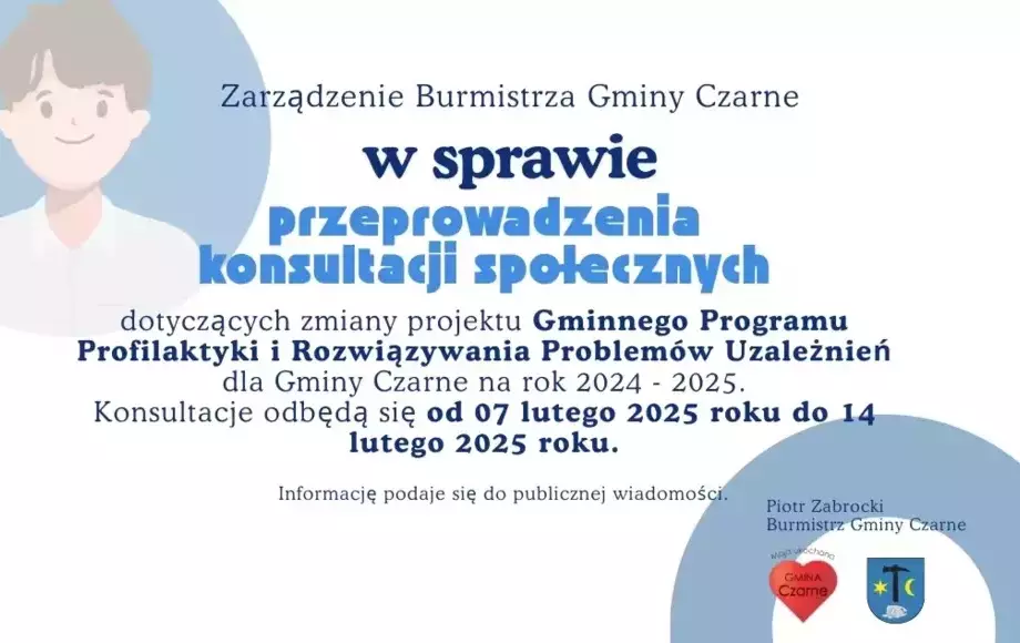 Zarządzenie Burmistrza Gminy Czarne w sprawie przeprowadzenia konsultacji społecznych dotyczących zmiany projektu Gminnego Programu Profilaktyki