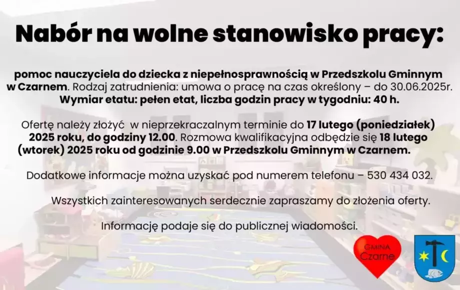 Nabór na wolne stanowisko pracy: pomoc nauczyciela do dziecka z niepełnosprawnością w Przedszkolu Gminnym w Czarnem