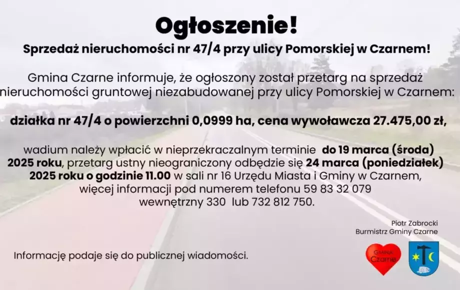 Sprzedaż nieruchomości nr 47/4 przy ulicy Pomorskiej w Czarnem!